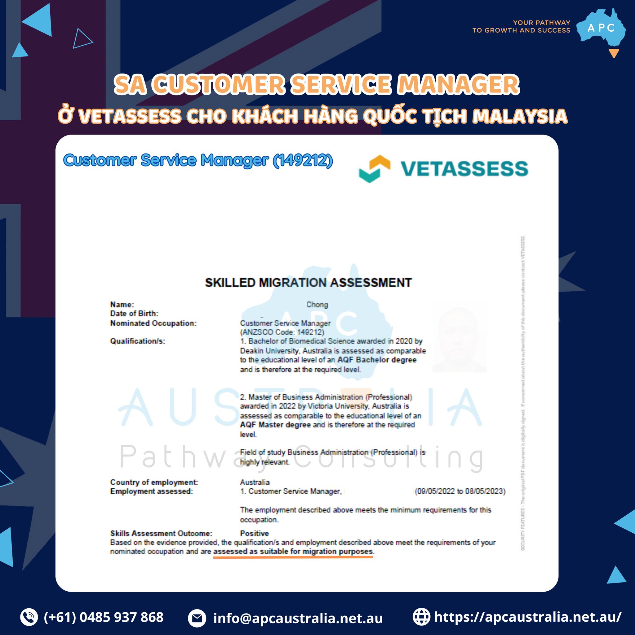 SKILLS ASSESSMENT CUSTOMER SERVICE MANAGER Ở VETASSESS CHO KHÁCH HÀNG QUỐC TỊCH MALAYSIA