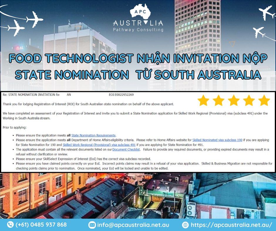 FOOD TECHNOLOGIST NHẬN THƯ MỜI STATE NOMINATION CHO VISA 491 TỪ SOUTH AUSTRALIA