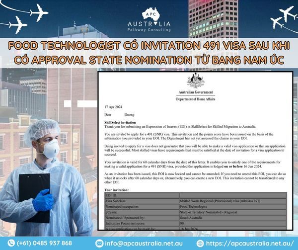 STATE NOMINATION từ SOUTH AUSTRALIA & INVITATION TO APPLY FOR 491 VISA