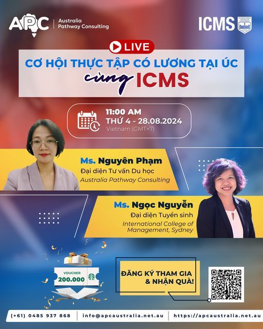 𝐋𝐢𝐯𝐞𝐬𝐭𝐫𝐞𝐚𝐦: CƠ HỘI THỰC TẬP CÓ LƯƠNG TẠI ÚC CÙNG ICMS