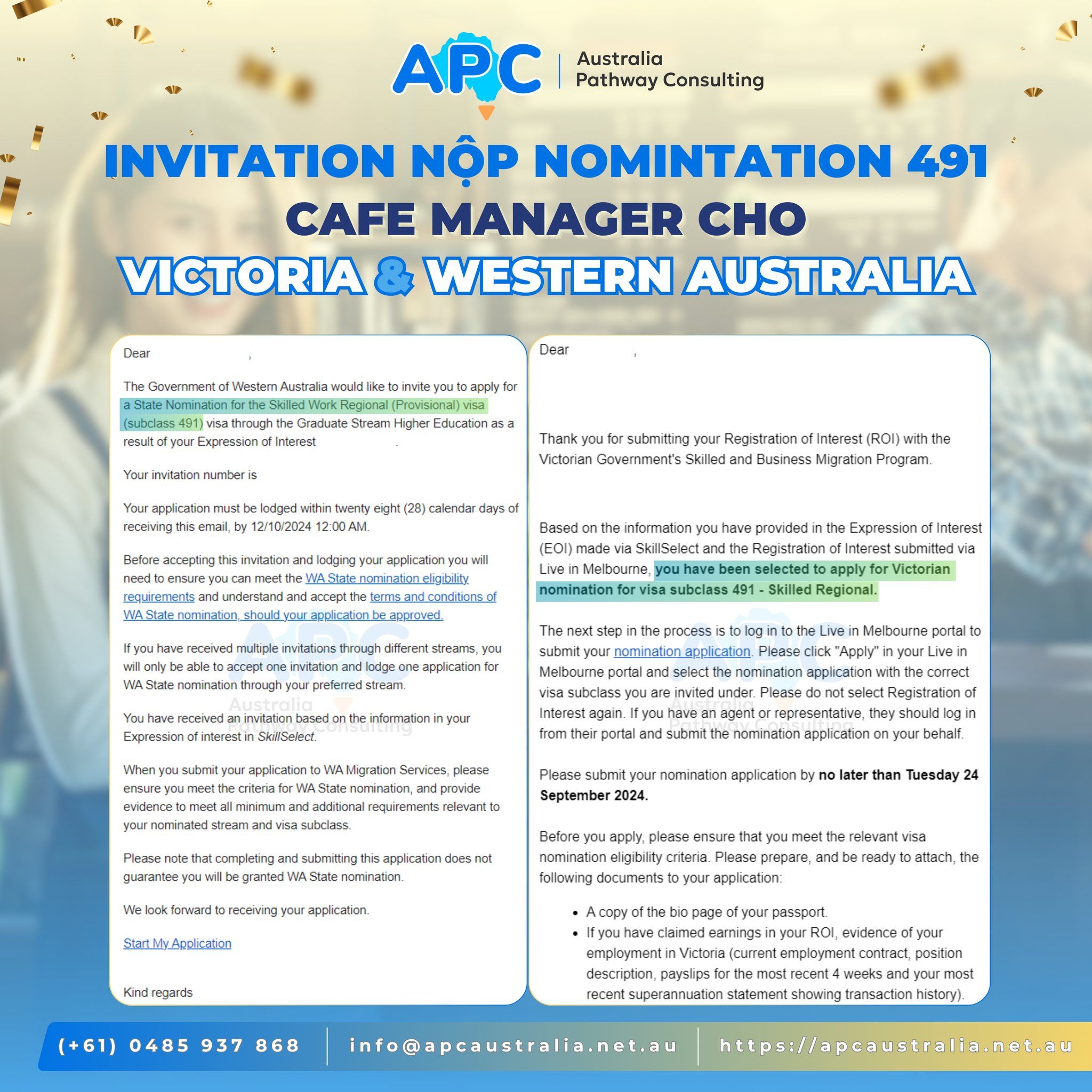 🎉🇦🇺 2 INVITATION NỘP 491 NOMINATION NGÀNH 𝐂𝐀𝐅𝐄 𝐌𝐀𝐍𝐀𝐆𝐄𝐑 CHO 𝐕𝐈𝐂𝐓𝐎𝐑𝐈𝐀 VÀ 𝐖𝐄𝐒𝐓𝐄𝐑𝐍 𝐀𝐔𝐒𝐓𝐑𝐀𝐋𝐈𝐀 🇦🇺🎉