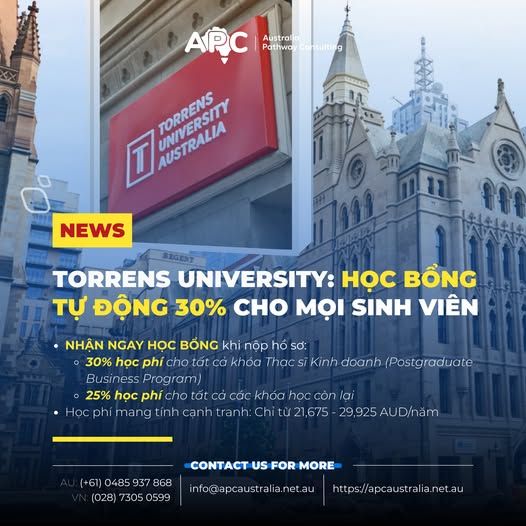 🎓 TORRENS UNIVERSITY: HỌC BỔNG TỰ ĐỘNG 30% CHO MỌI SINH VIÊN