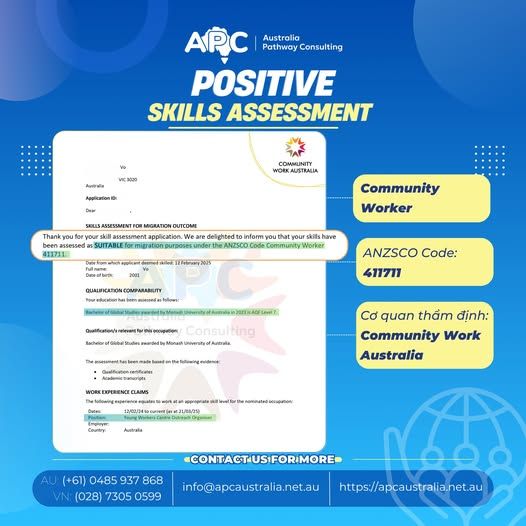 🎉 COMMUNITY WORKER: NHẬN POSITIVE SKILLS ASSESSMENT & CLAIM 1 NĂM KINH NGHIỆM DÙ BẰNG CẤP KHÔNG NẰM TRONG DANH SÁCH ACCREDITED CỦA COMMUNITY WORK AUSTRALIA (CWA) 🎉
