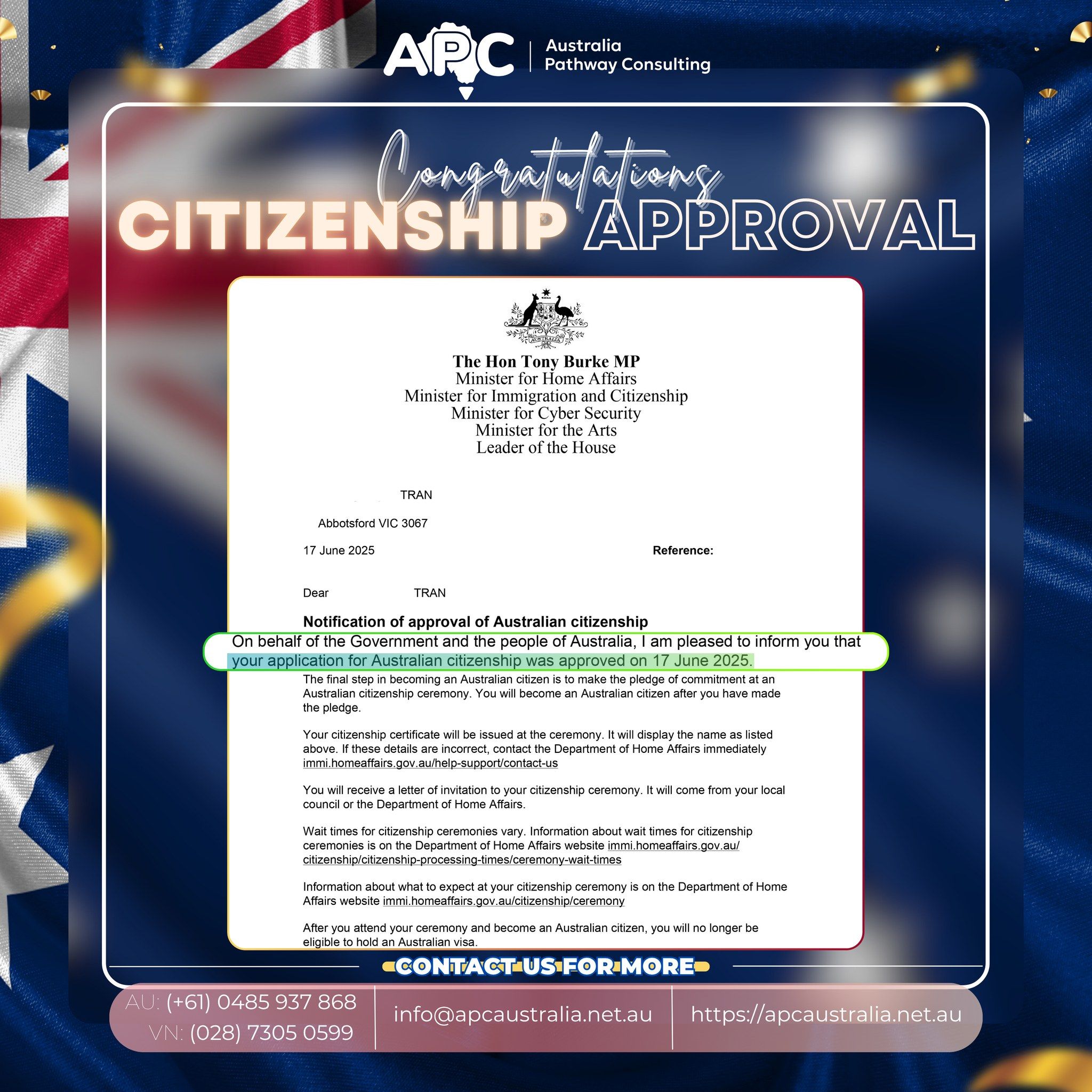 🎉 CHINH PHỤC THÀNH CÔNG CITIZENSHIP: CHÚC MỪNG KHÁCH HÀNG Q. CHÍNH THỨC TRỞ THÀNH CÔNG DÂN ÚC