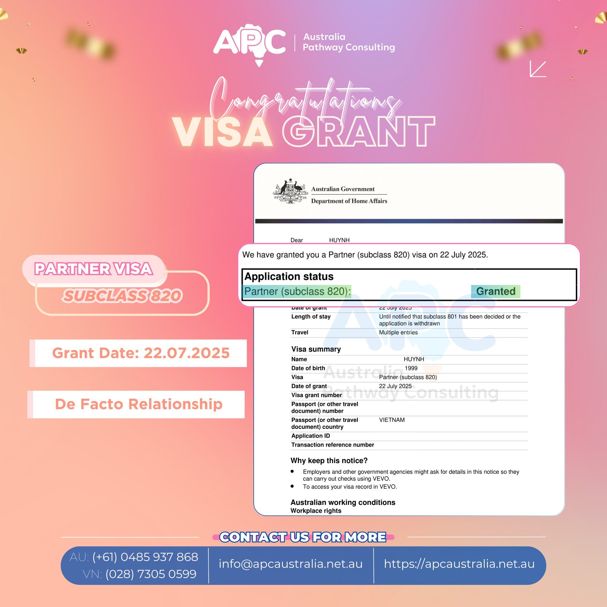 🎉 CHÚC MỪNG KHÁCH HÀNG ĐÃ CHÍNH THỨC NHẬN VISA 820 (DE FACTO) 🎉