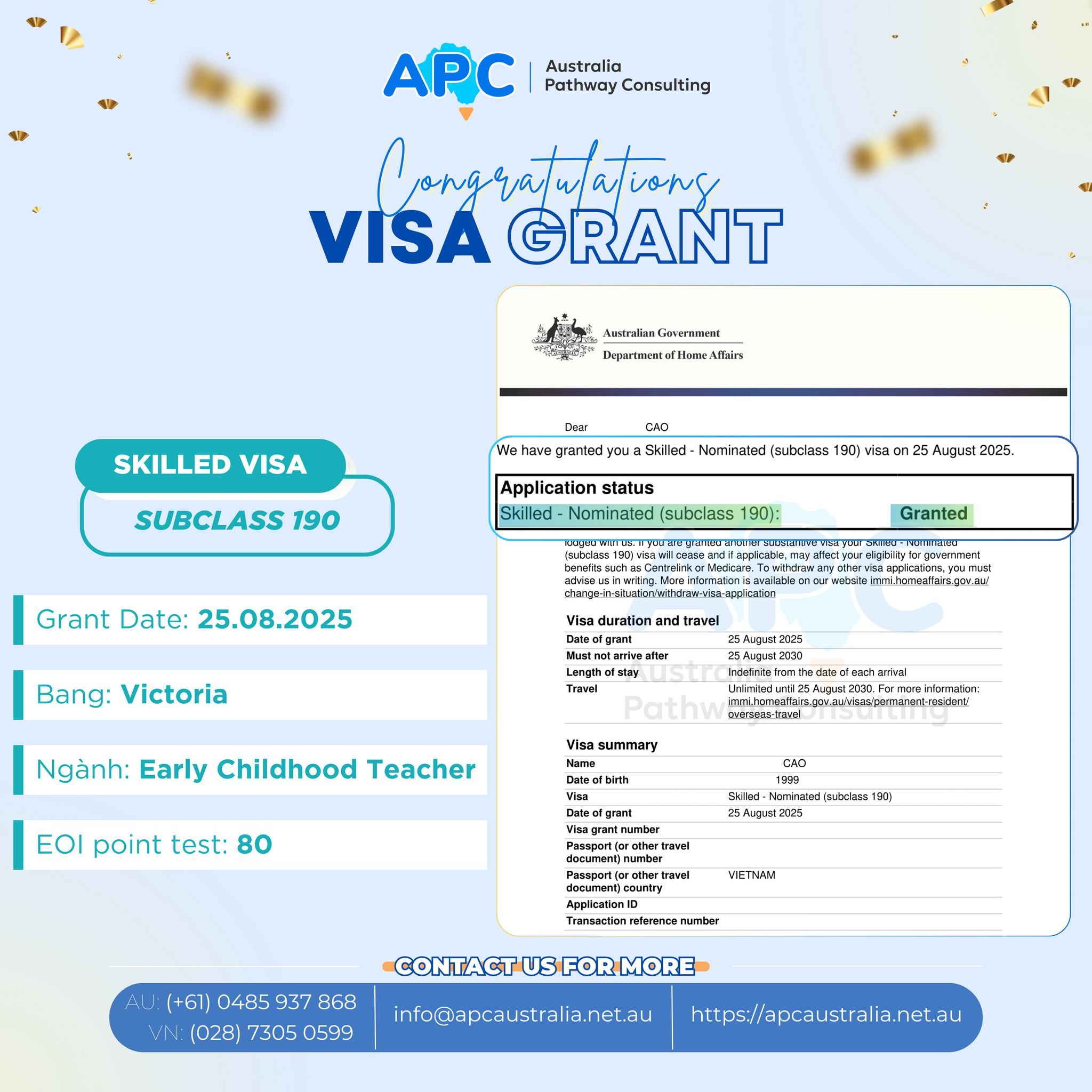 CHINH PHỤC VISA 190 EARLY CHILDHOOD TEACHER CHỈ SAU 4.5 THÁNG
