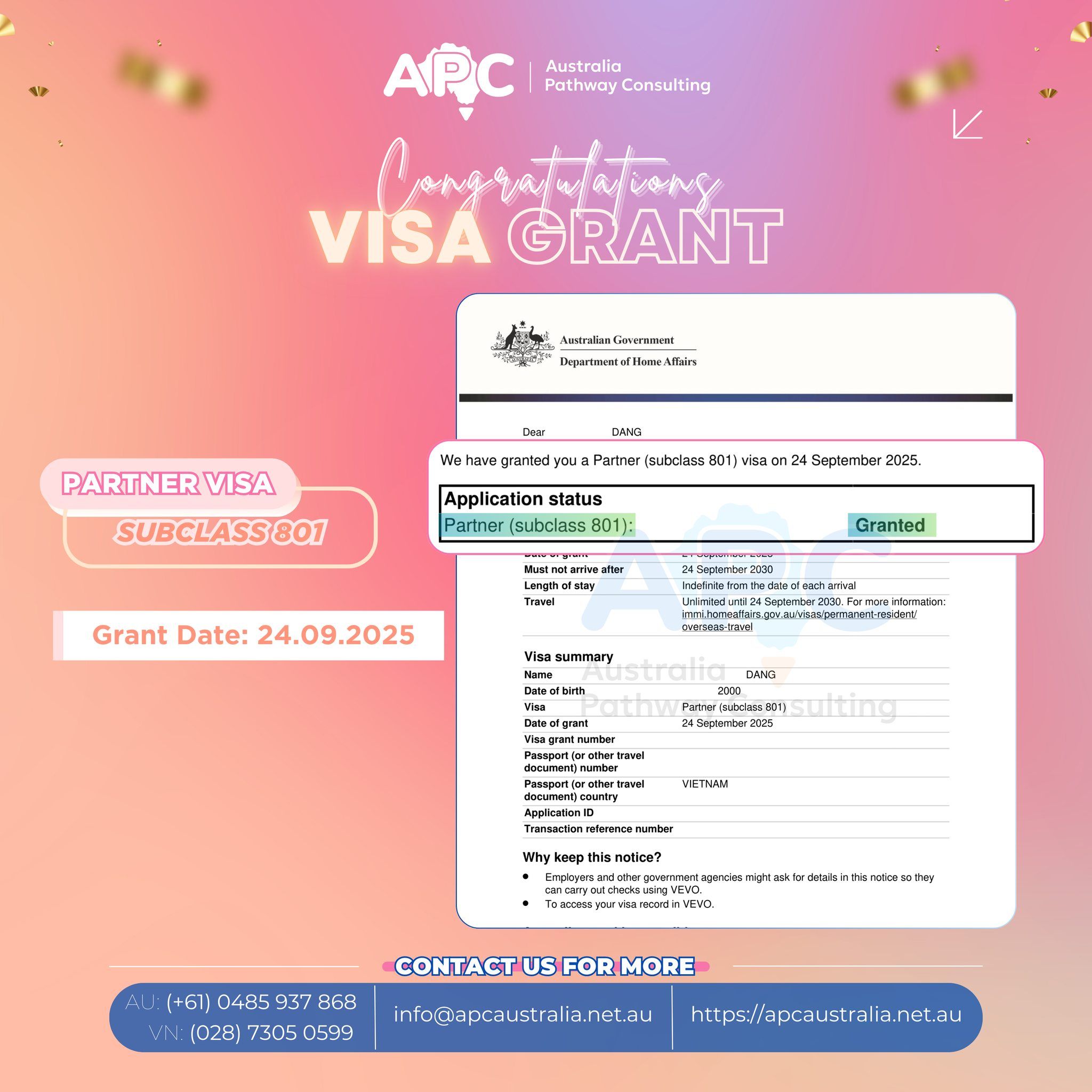 ✨ Chúc mừng khách hàng T. đã chinh phục PR Úc với visa 801 sau 8 tháng nộp hồ sơ, với sự đồng hành của APC từ visa 820 → 801 🥳