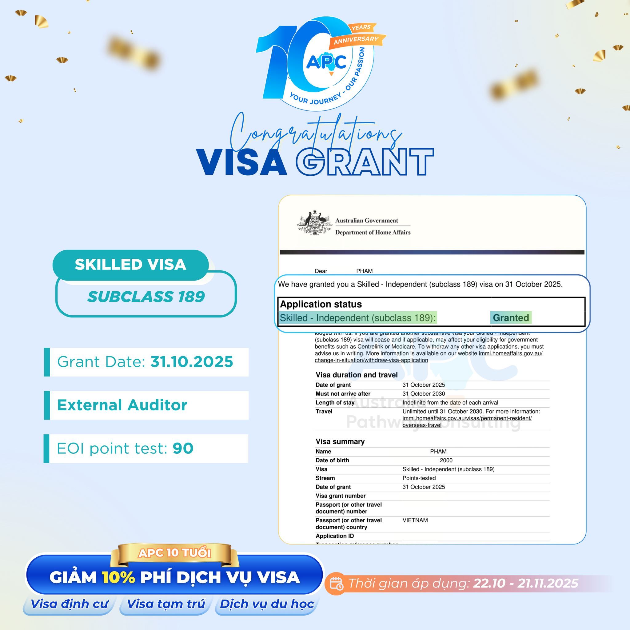 🥳 CHÚC MỪNG KHÁCH HÀNG THÀNH CÔNG CHINH PHỤC PR VỚI VISA 189 NGÀNH EXTERNAL AUDITOR – 90 POINT TEST 🎯