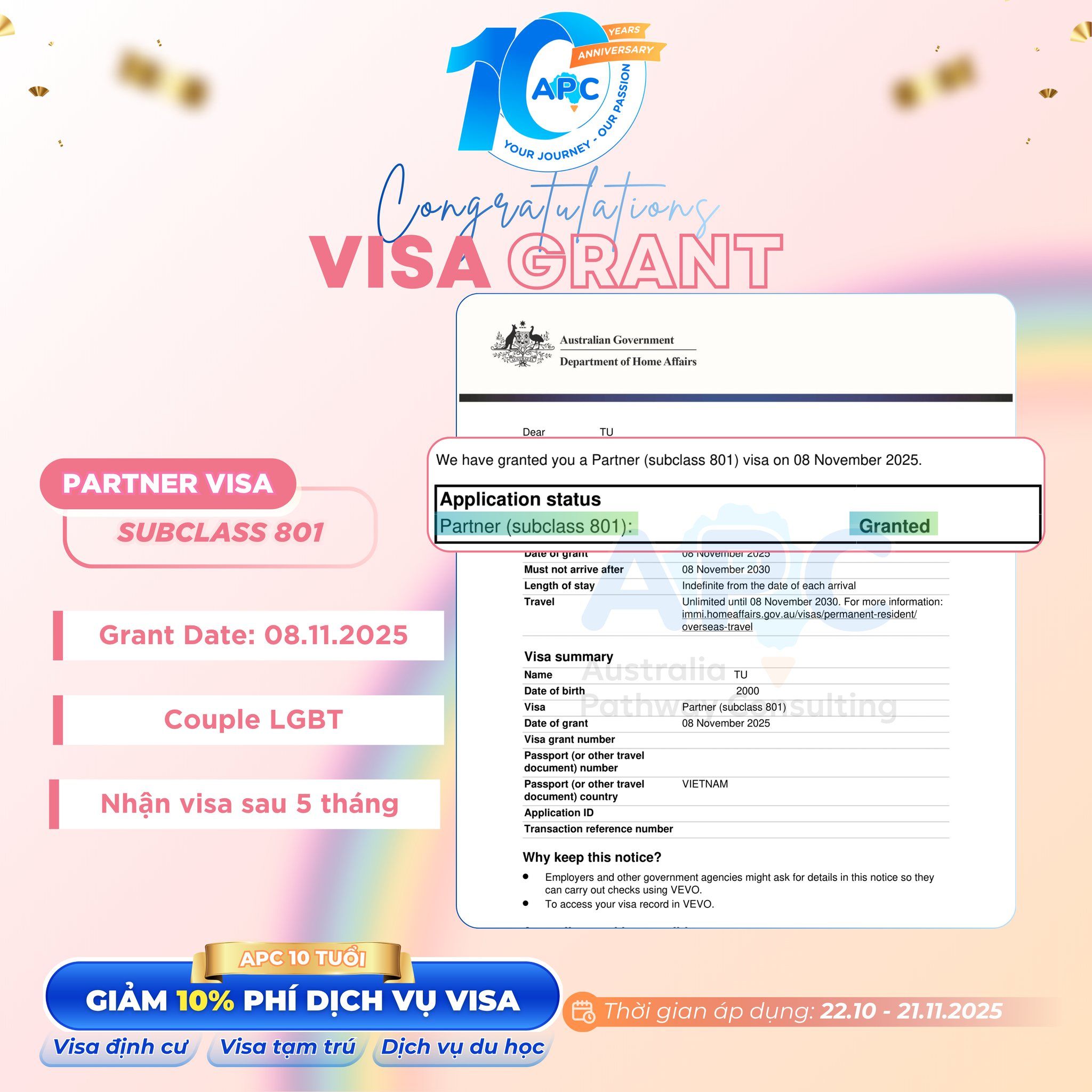 Visa hôn nhân liên tục cập bến APC: CHÚC MỪNG KHÁCH HÀNG NHẬN VISA 801 (PR) SAU CHỈ 5 THÁNG XÉT DUYỆT! 🌈