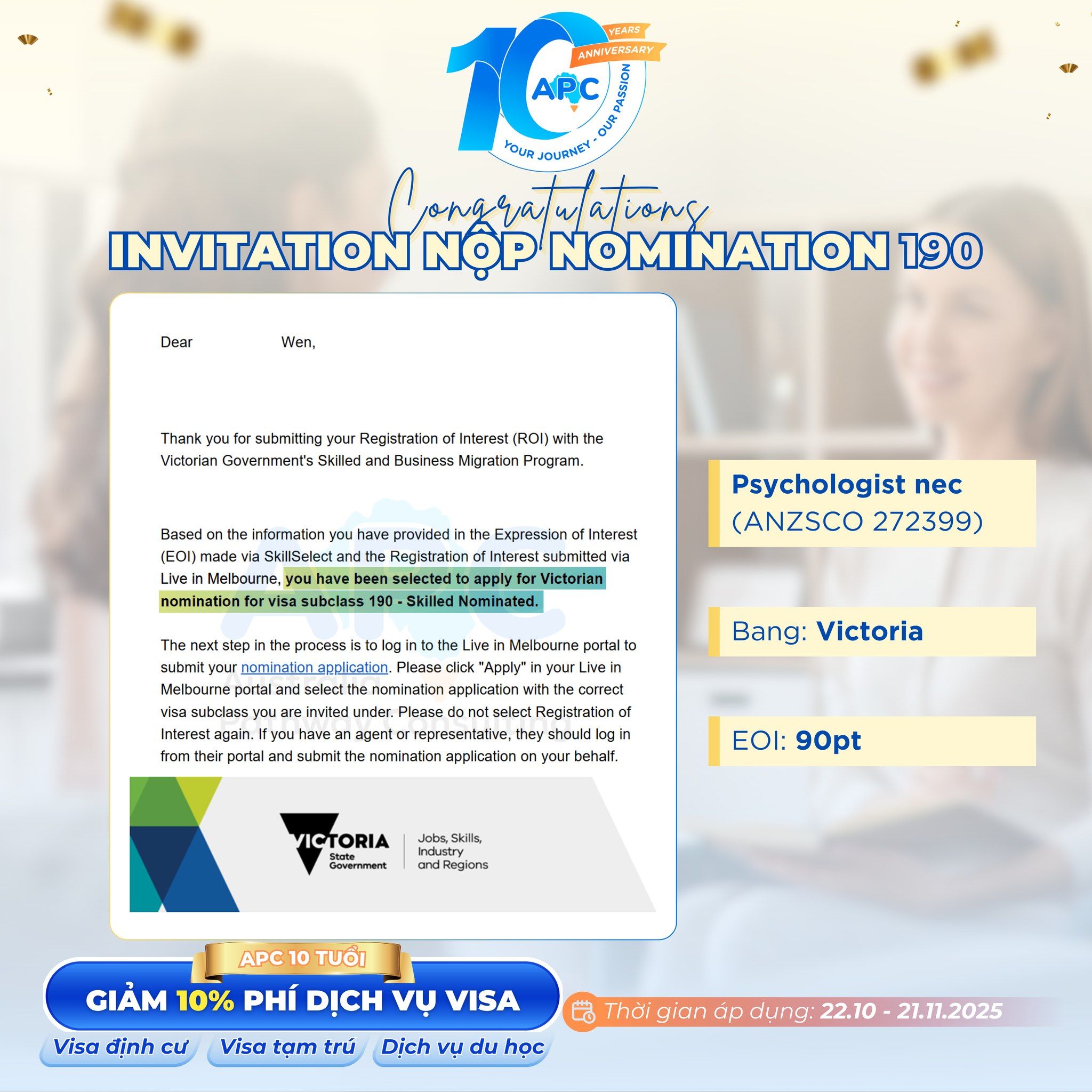 VICTORIA INVITATION ROUND 18.11: Chúc mừng khách hàng APC đã nhận được thư mời nộp nomination 190