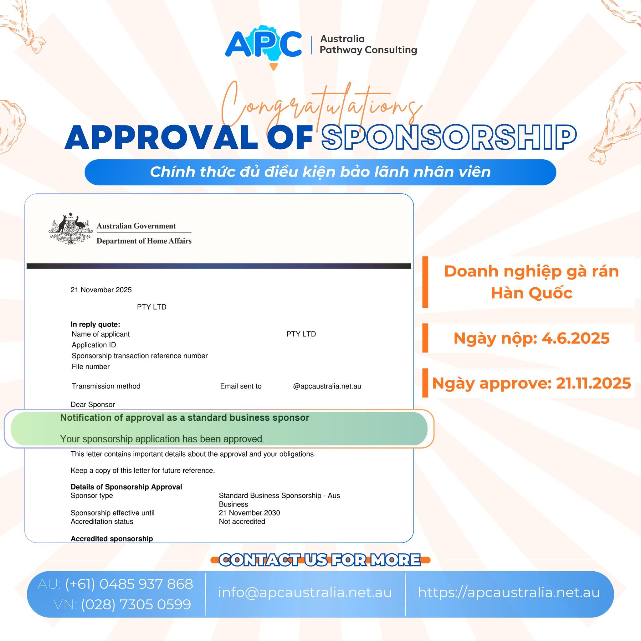 🔥 CHÚC MỪNG DOANH NGHIỆP GÀ RÁN HÀN QUỐC TẠI MELBOURNE CHÍNH THỨC NHẬN ĐƯỢC SPONSORSHIP APPROVAL: ĐỦ ĐIỀU KIỆN BẢO LÃNH LAO ĐỘNG NƯỚC NGOÀI TRONG 5 NĂM!