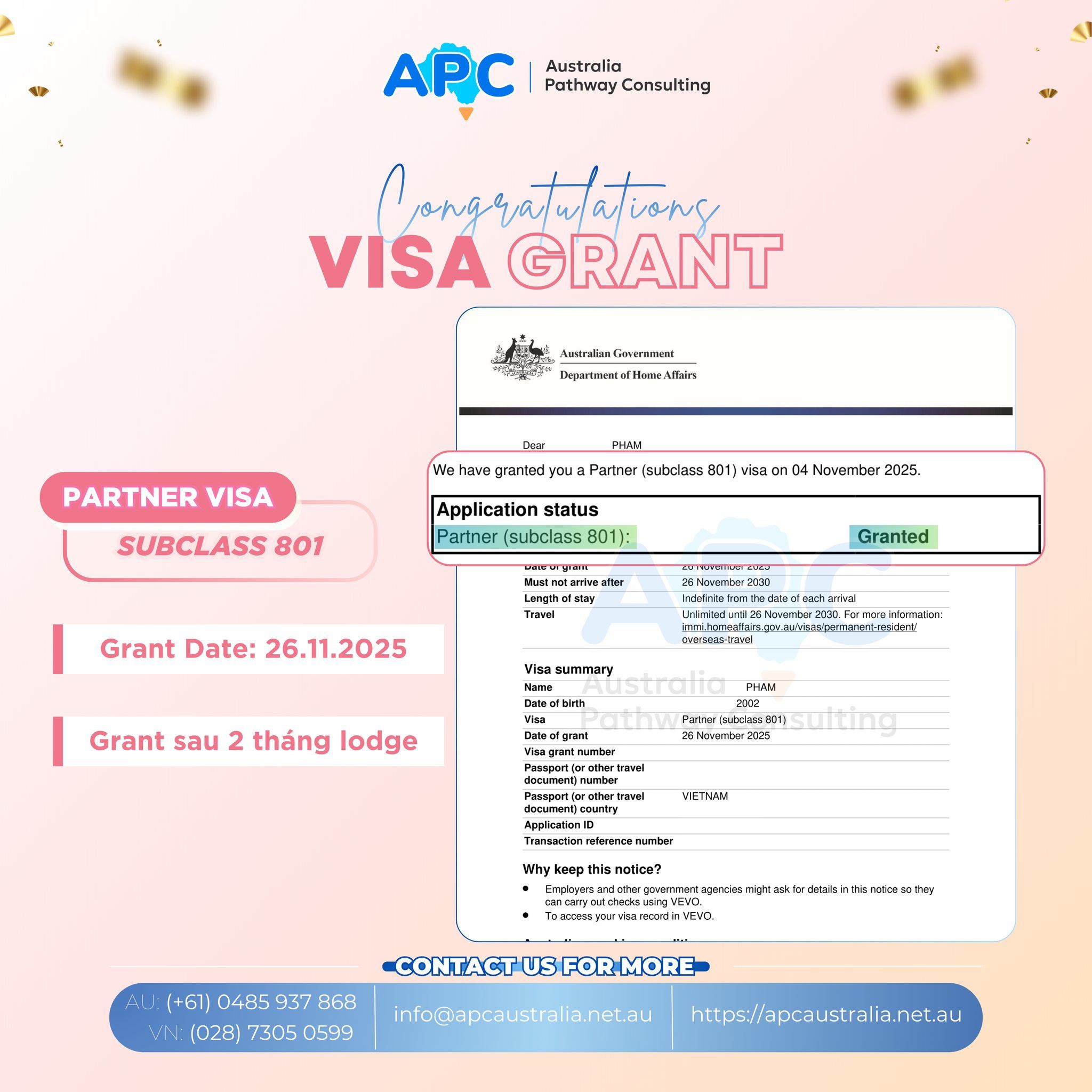 Từ những ngày đầu với visa 500 – 820 & nay là 801: CHÚC MỪNG KHÁCH HÀNG NHẬN VISA 801 SAU 2 THÁNG NỘP HỒ SƠ 💙✨