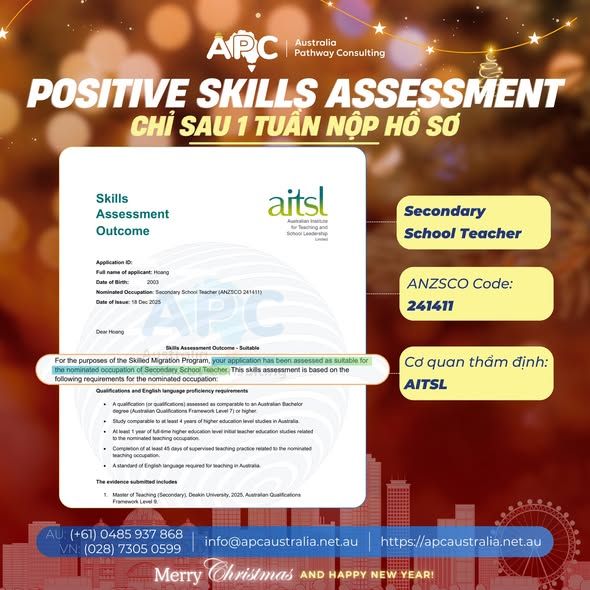 🎉 Skills Assessment Secondary School Teacher sau 1 tuần nộp hồ sơ 🎉Đặc biệt: khách hàng vừa tốt nghiệp khóa học và đã đủ điều kiện được công nhận ngay – không cần kinh nghiệm.