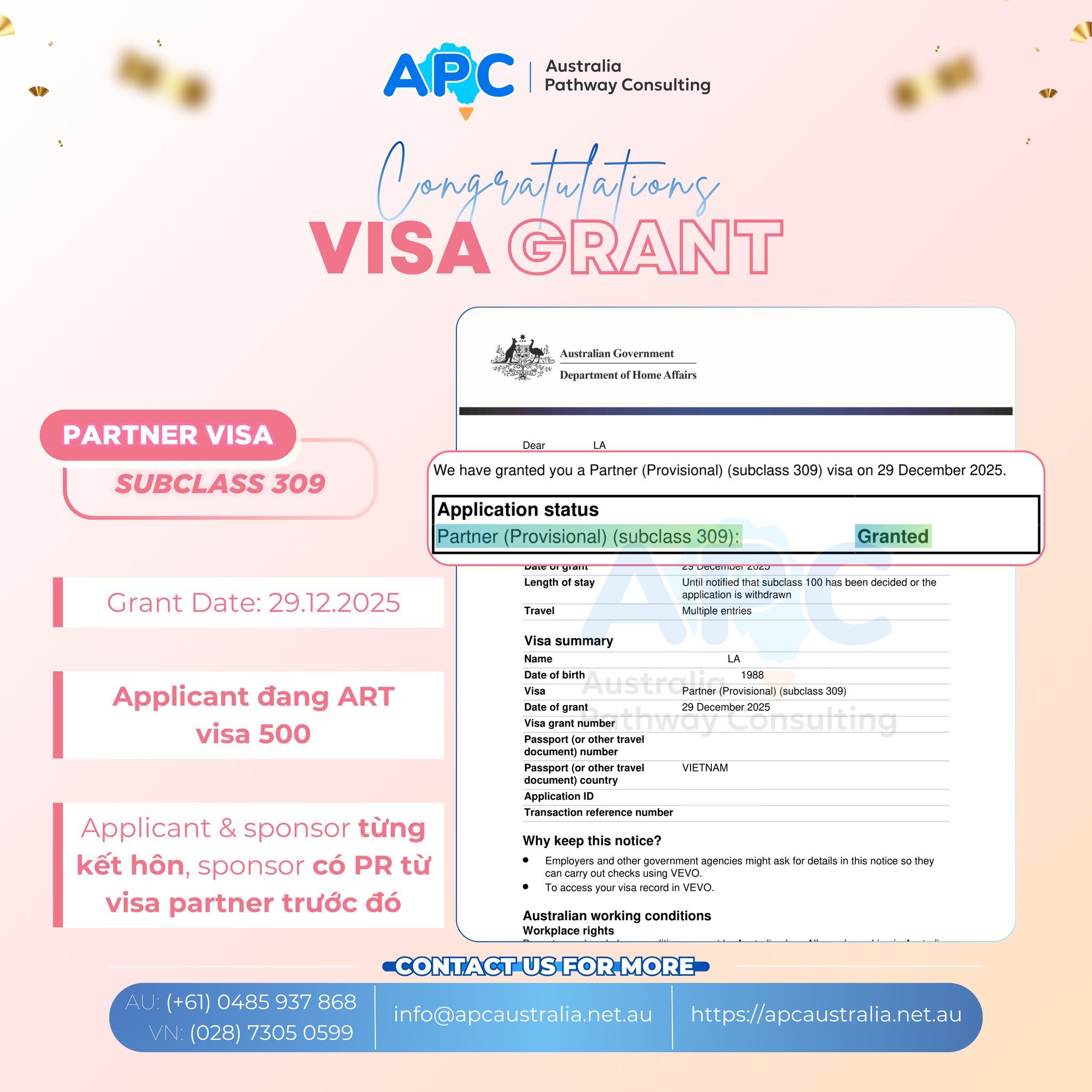 🔥 LẠI THÊM MỘT CASE KHÓ TẠI APC 🔥Chúc mừng visa hôn nhân 309 grant sau 9 tháng, dù đang kháng cáo ART & cả 2 đều đã từng kết hôn trước đó 🎉