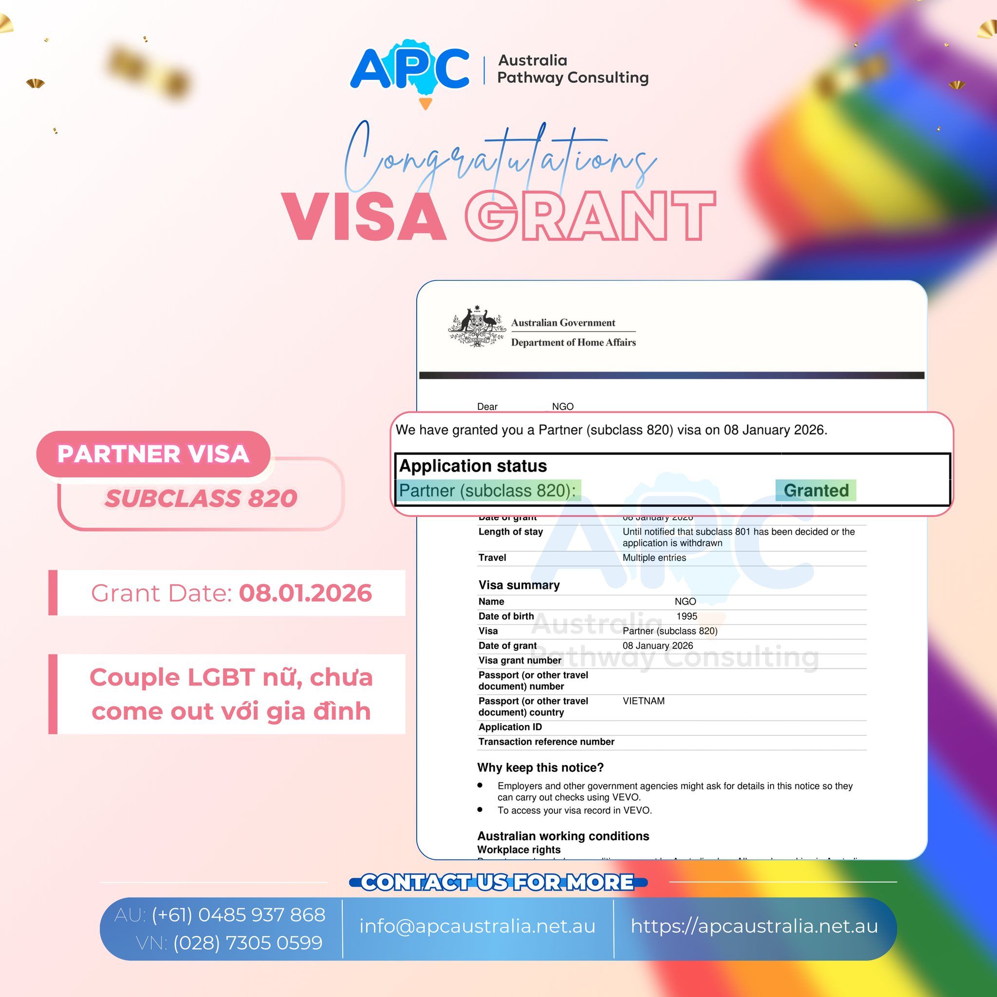 🌈 Chúc mừng couple LGBT nữ nhận visa hôn nhân 820, dù chưa thể come out với gia đình, tình yêu và sự kiên trì vẫn được công nhận xứng đáng 💖