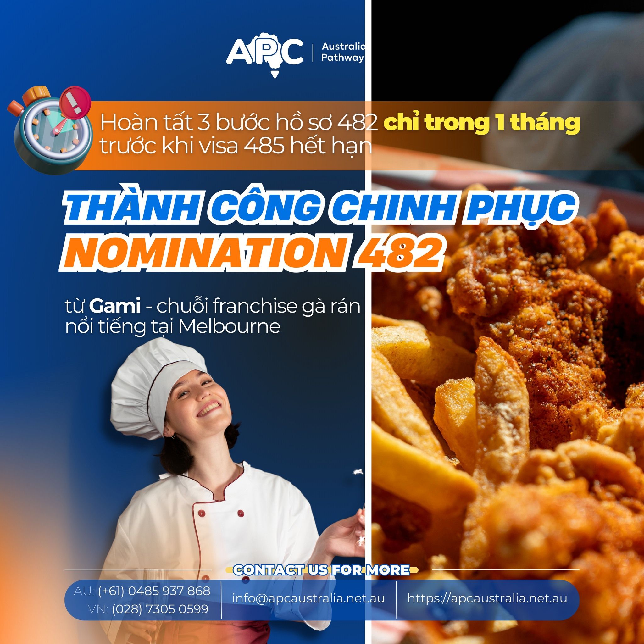 ⏰ CHỈ CÒN 1 THÁNG TRƯỚC KHI VISA 485 HẾT HẠN, APC đã giúp khách hàng ngành Chef hoàn tất 3 bước hồ sơ 482, để hôm nay thành công nhận nomination từ chuỗi franchise gà rán nổi tiếng Gami tại Melbourne, tiến rất gần đến visa grant 👏Case của bạn khá thử thách, xem thêm 👇