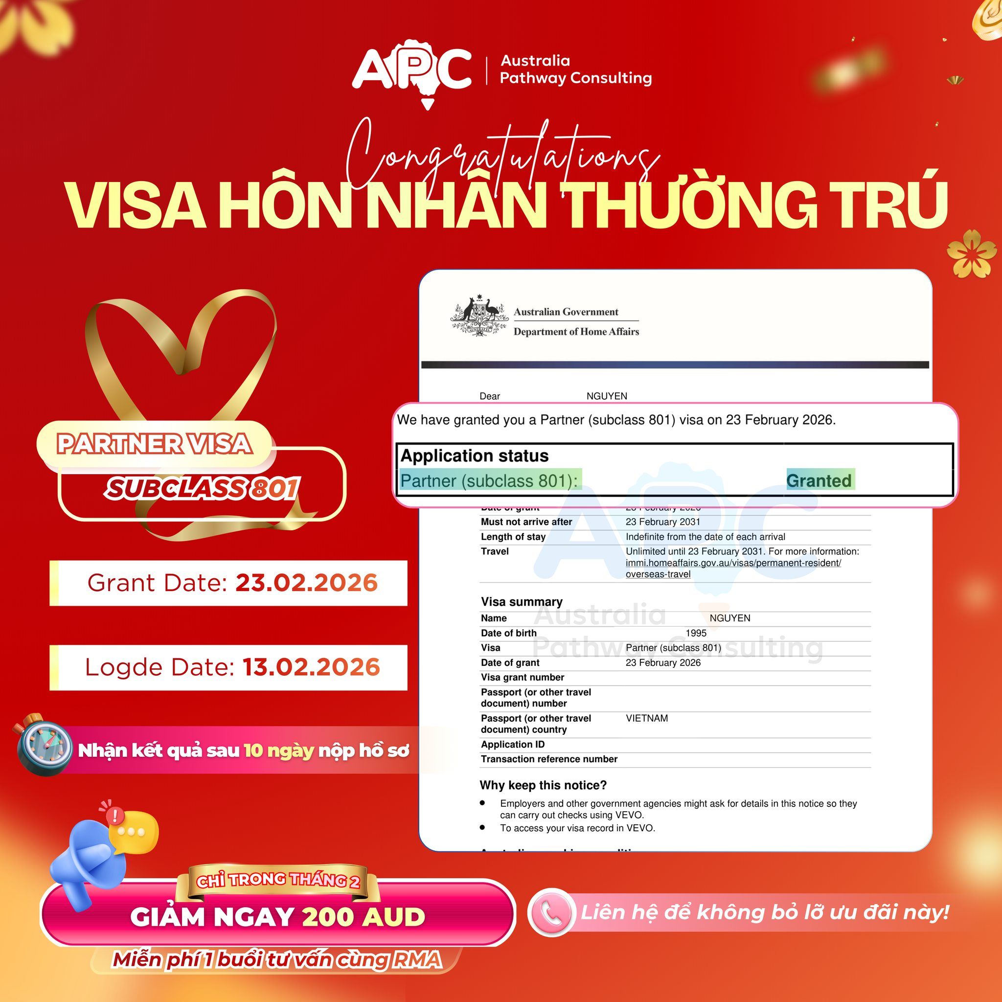 ✨ Nộp hồ sơ 26 Tết – Mùng 7 Tết nhận visa: CHÚC MỪNG VISA 801 GRANT CHỈ SAU 10 NGÀY NỘP! 🎉