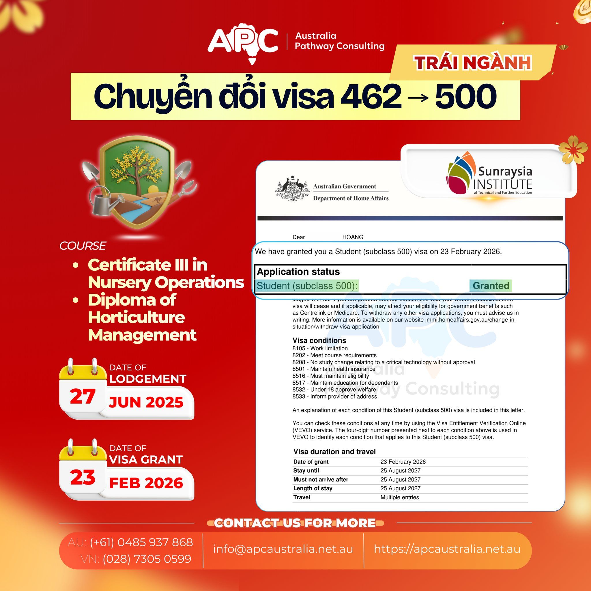 ⭐ CHUYỂN ĐỔI VISA 462 → 500 TRÁI NGÀNH?Case dưới đây sẽ cho bạn thấy: Không cần ngành cũ liên quan, vẫn có thể đậu Visa 500 nếu chiến lược đủ chắc 🔽