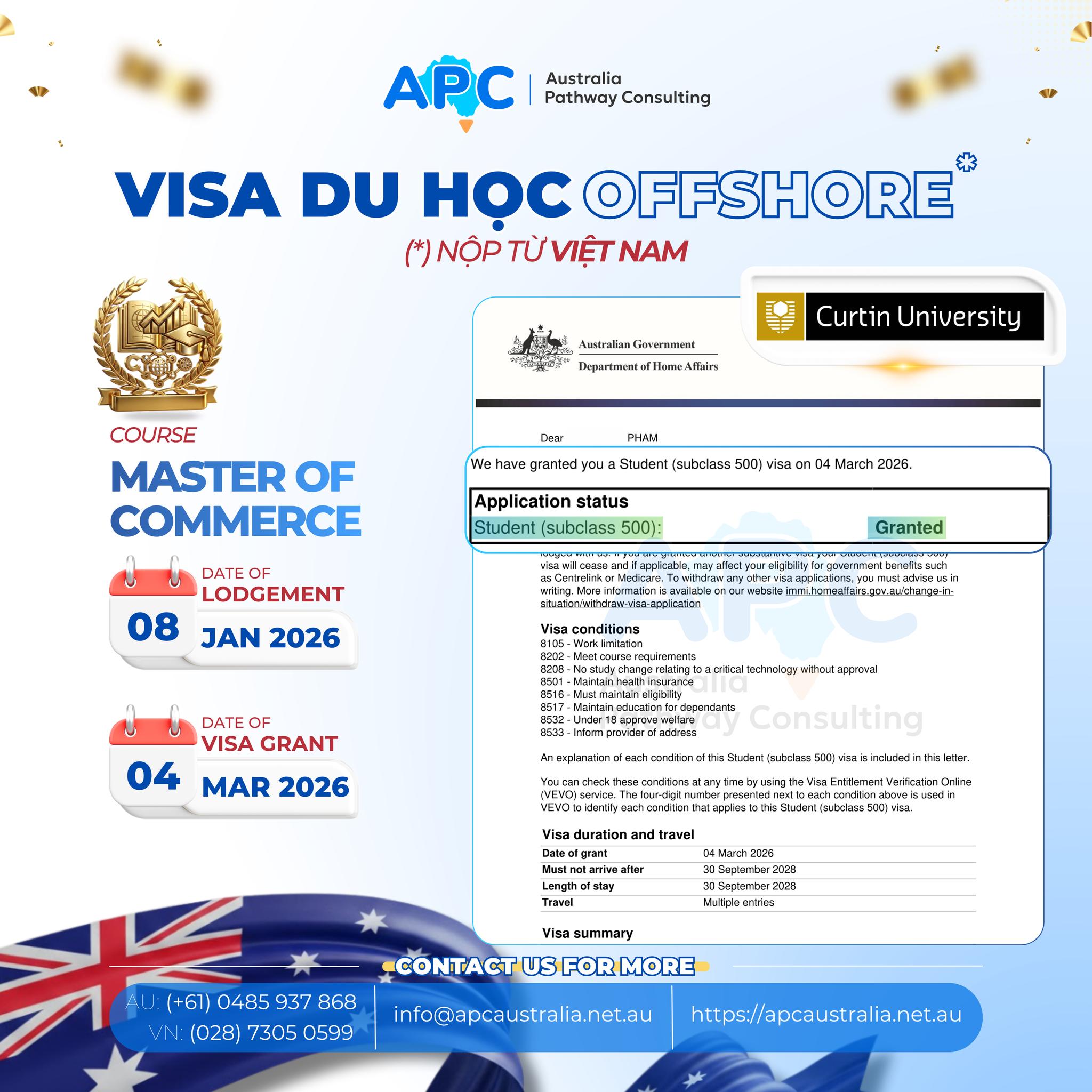 ✨ Từ nhân viên ngân hàng tại Việt Nam đến hành trình du học Úc bậc Thạc sĩ:Chúc mừng khách hàng sinh năm 1997 đã thành công nhận visa du học Úc ngành Master of Commerce tại Curtin University 🇦🇺