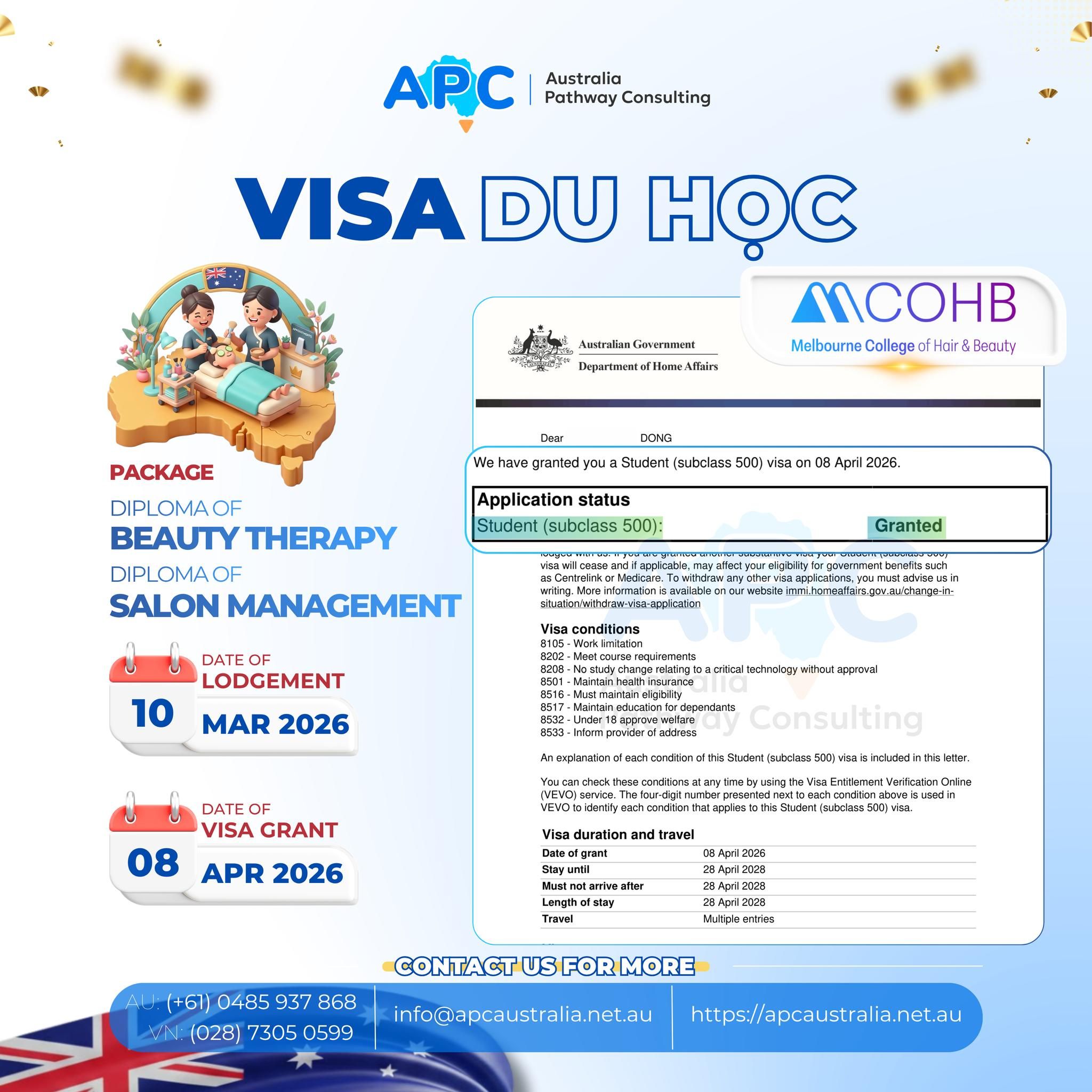 🔥 CHÚC MỪNG VISA HỌC NGHỀ (NGÀNH LÀM ĐẸP) GRANT SAU 29 NGÀY 🧖‍♀️🇦🇺 Dù bạn đã gần 8 năm ở Úc – không có chứng chỉ tiếng Anh vào thời điểm nộp – và nhiều lần thay đổi lộ trình học 👏