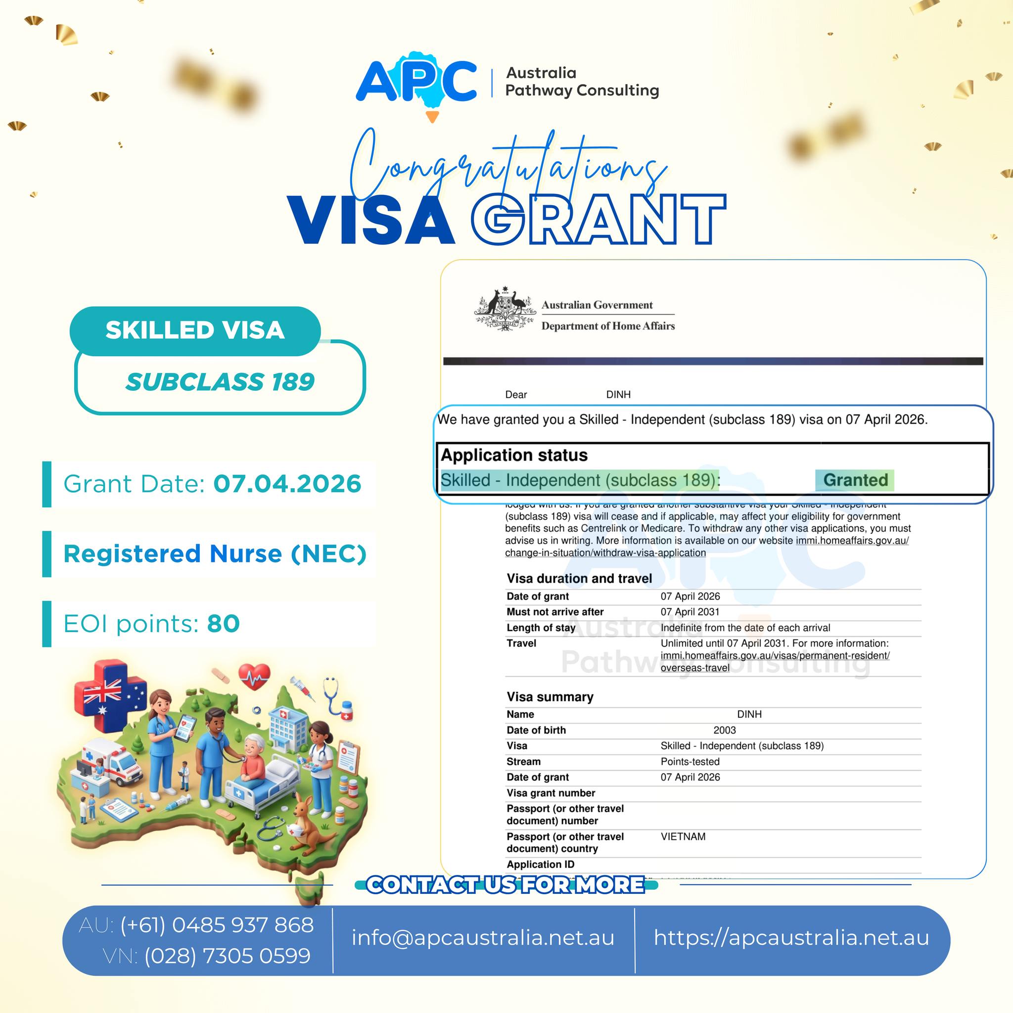 🔥 2003 – nộp hồ sơ 6 tháng, đã cầm PR Úc trong tay! Chúc mừng khách hàng REGISTERED NURSES tại APC với VISA 189 👏