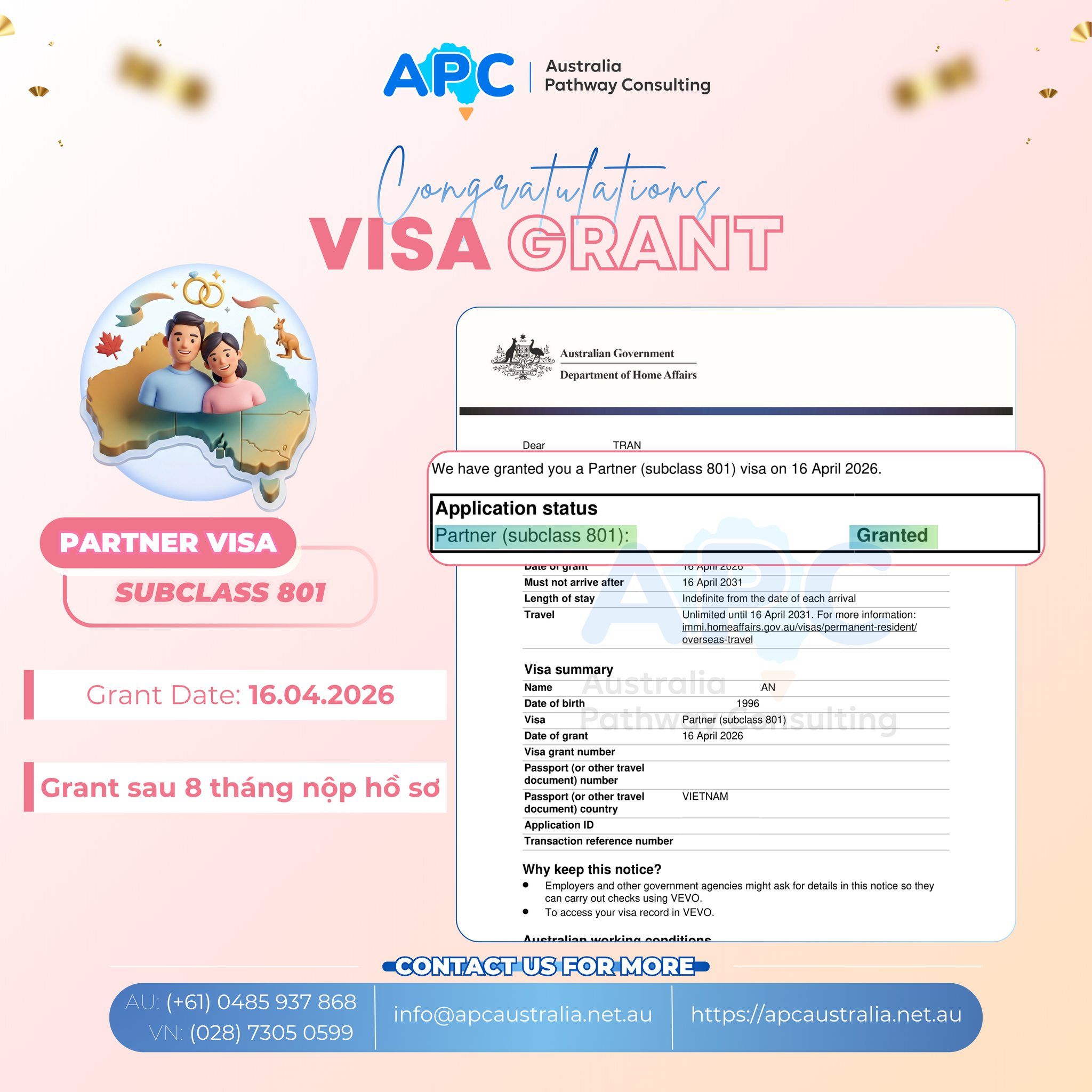 ✨ Sau 8 tháng nộp hồ sơ: CHÚC MỪNG KHÁCH HÀNG APC NHẬN VISA 801 – BƯỚC CUỐI CÙNG TRONG HÀNH TRÌNH ĐỊNH CƯ DIỆN HÔN NHÂN TẠI ÚC 🇦🇺